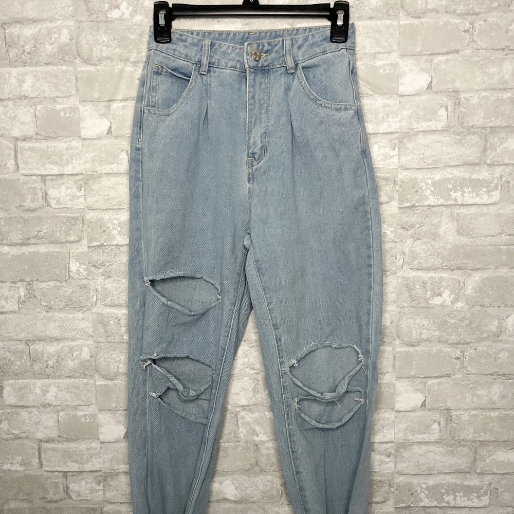 Fashion Nova Light Wash Distressed Jeans – Small, Straight Leg with Ankle Ties